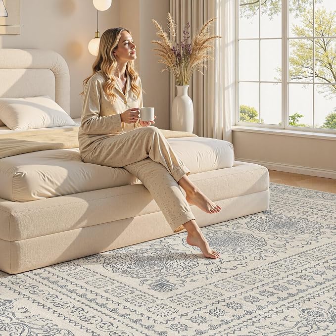 Nakagishi 8x10 Area Rugs Living Room: Washable Large Vintage Rug Neutral Non-Slip Soft Stain Resistant Indoor Carpet for Bedroom Nursery Dining Room Office Playroom - Blue/Beige