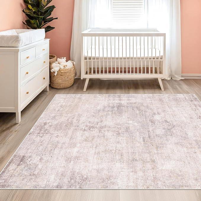 Hazo Haus Washale Modern Bedroom 4x6 Area Rugs - Pink and Grey Rug for Living Room, Kitchen, Non Slip & Soft, Medallion Distressed Print Pattern