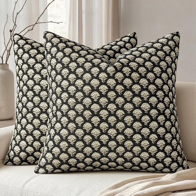 MIULEE Set of 2 Decorative Floral Throw Pillow Covers Neutral Vintage Fall Block Print Boho Farmhouse Cushion Covers for Modern Spring Home Decor Couch Sofa Bed Living Room, 20x20 Inch, Black Gold
