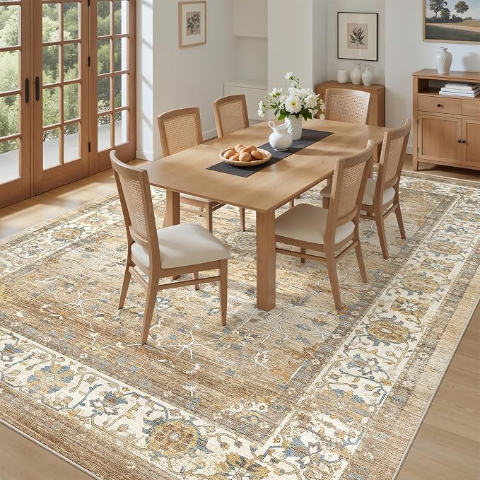 befbee Washable Area Rug 8x10, Large Soft Rugs for Living Room - Stain Resistant Non-Slip Backing Rugs for Bedroom, Vintage Large Area Rug (Turmeric/Grey,8'x10')