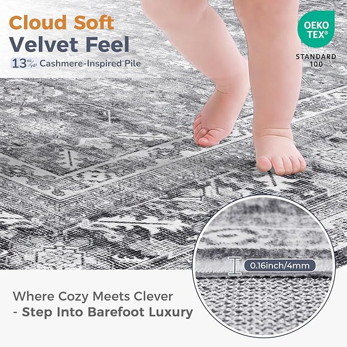 OPPODREAM Vintage Grey Area Rugs 8x10, 8 x 10 Retro Washable Rug Non Slip, Low-Pile Faux Wool Carpet, Distressed Gray Floor Mat for Living Room, Bedroom, Office, Dorm, Dinning Room, Big & Large