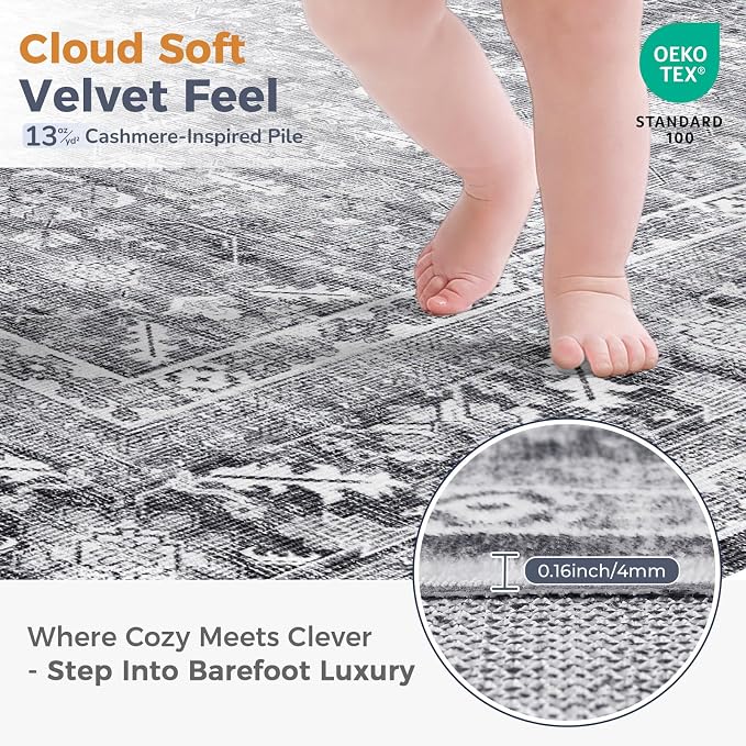 OPPODREAM Vintage Grey 2x12 Runner Rug, 2 x 12 Retro Washable Rug Non Slip, Low-Pile Faux Wool Carpet, Distressed Gray Floor Mat for Kitchen, Hallway, Entry-Way, Entrance, Indoor Back Door