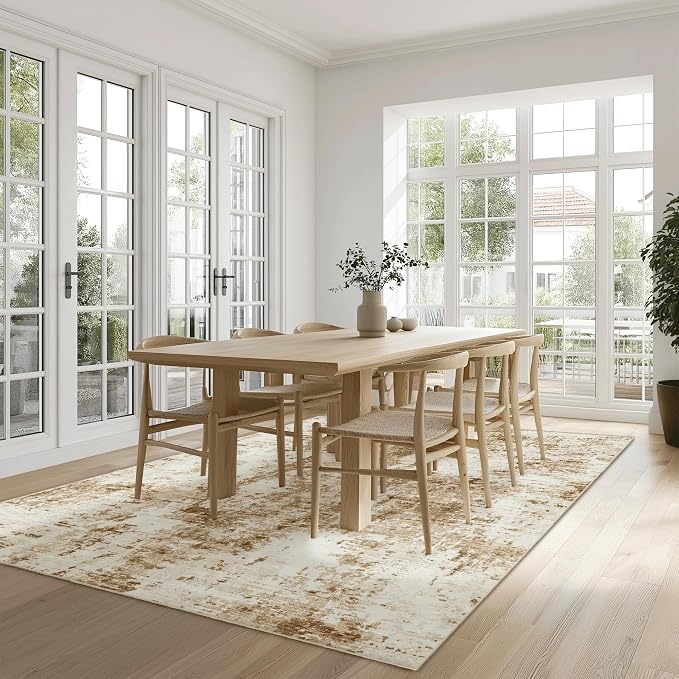 FMFUNCTEX 5x8 Washable Area Rug Brown Beige Abstract Modern Neutral Non Slip Low Pile Indoor Carpet Soft Thin Throw Rug for Entryway Entrance Living Room Bedroom Dining Office Nursery Kitchen Laundry
