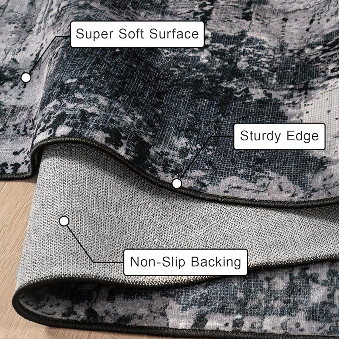 Area Rug Living Room Rug, 5x7 Modern Abstract Washable Rug Black Non Slip Foldable Faux Wool Vintage Carpet, Fluffy Non-Shedding Rugs for Living Room, Bedroom, Dining Room, Kids Playroom
