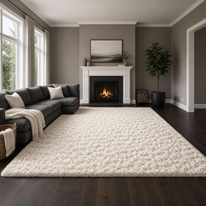 Ophanie Area Rugs 9x12 Living Room, Large Ivory Bedroom Carpet, Big Shag Indoor Thick Soft Nursery Rug, Fluffy Carpets for Boy and Girls Room Dorm Home Decor Aesthetic with Over 99 pcs Pile fibers