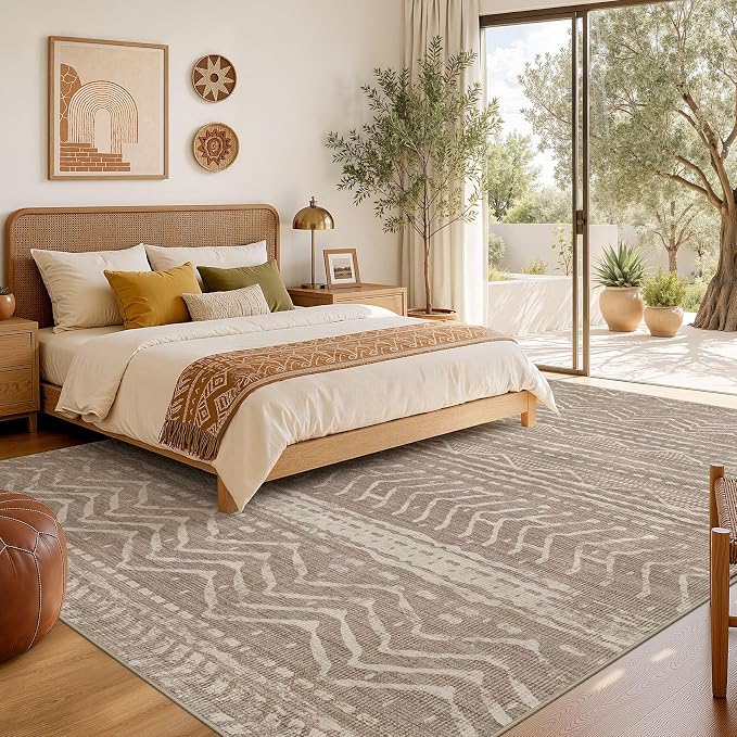 Nakagishi Area Rug Living Room Rugs: 12x18 Large Soft Machine Washable Boho Moroccan FarmNeutral Stain Resistant Indoor Floor Carpet for Bedroom Under Dining Table Home Office Decor-Dark Brown