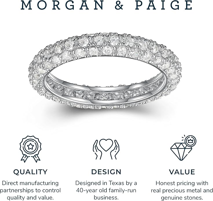 MORGAN & PAIGE .925 Sterling Silver Rhodium Plated Cubic Zirconia Pavé Eternity Ring for Women - Sterling Silver Rings Women, Cubic Zirconia Wedding Band for Her, Hypoallergenic Jewelry, Sizes 6-9