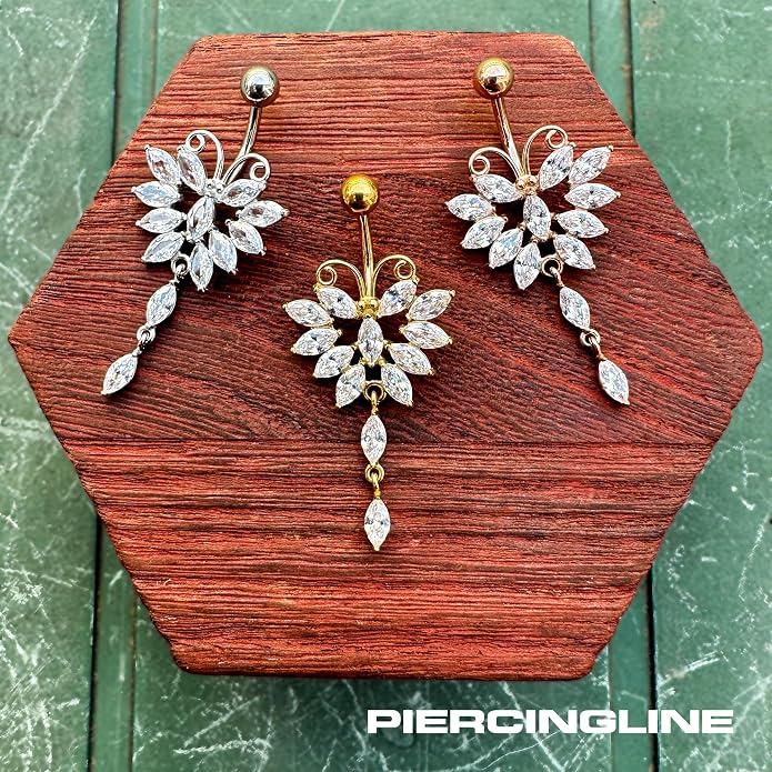 PIERCINGLINE surgical steel dangle belly button piercing with big butterfly - belly button ring surgical steel, gold, silver, rosegold piercing - new version with improved durability