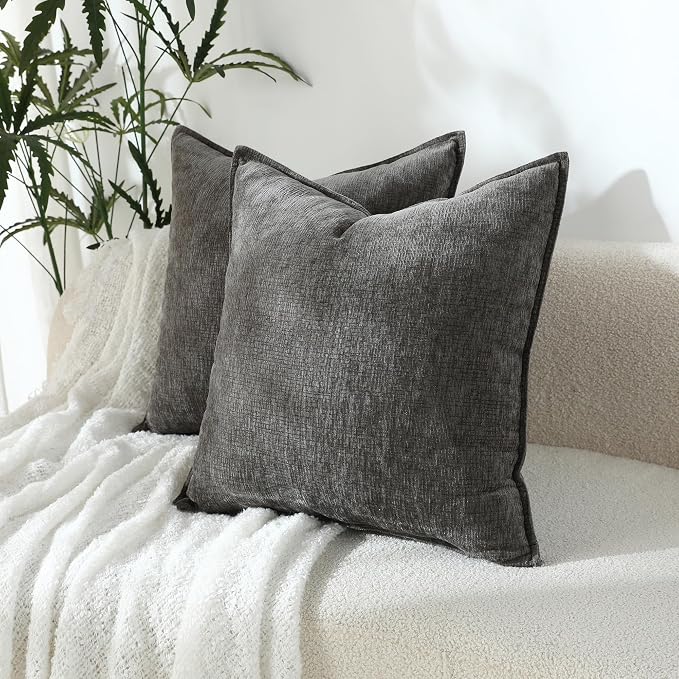 Stellhome Soft Chenille Decorative Pillow Covers 20x20 Inch Natural Dark Grey Boho Farmhouse Neutral Couch Throw Pillows for Bed Sofa Livingroom Pack of 2 Accent Modern Pillowcase Home Decor