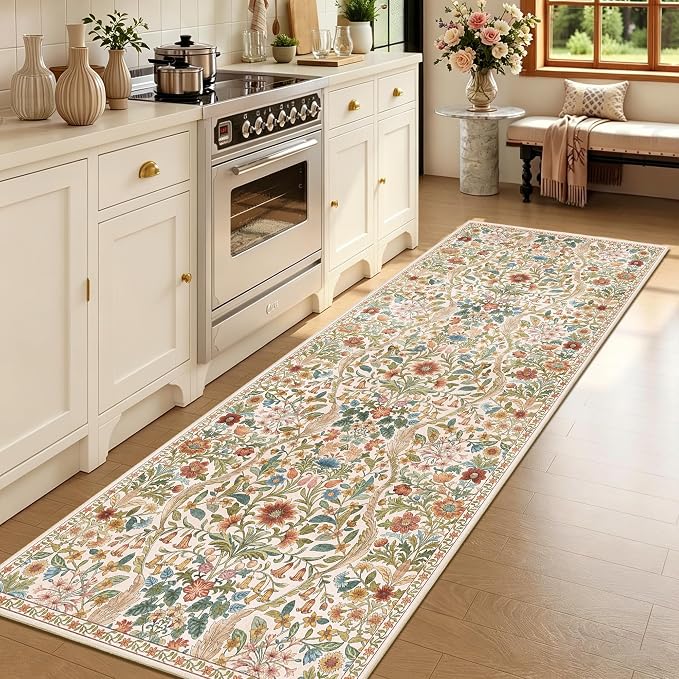 3x7 Washable Runner Rug,Beige Floral Boho Area Rug for Hallway,Low-Pile Non-Slip Stain Resistant Carpet for Kitchen, Bedside,Laundry Room,Entryway