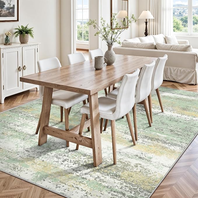5x7 Area Rugs, Abstract Modern Ultra Soft Washable Rug, Non Slip Carpet with Rubber Back Stain Resistance Rugs for Living Room, Bedroom, Dining Room Decor(Light Green/Cream)
