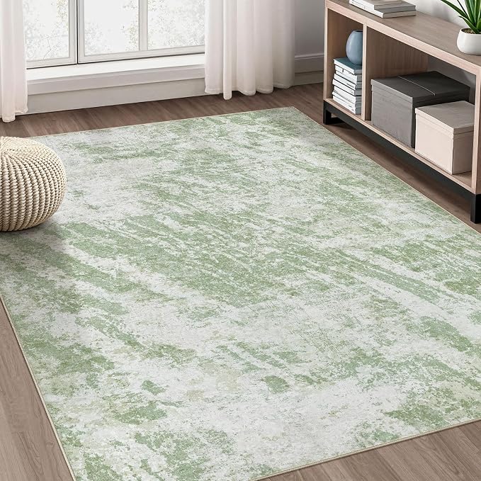 DMOYEST 6x9 Washable Area Rug: Abstract Modern Non-Slip Carpet, Soft Low Pile Indoor Neutral Easy Clean Floor Rugs for Living Room Bedroom Dining Room Kids & Pets - Green