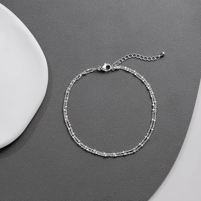 Silver/Gold Anklets for Women, Sterling Silver Evil Eye Ankle Bracelets for Women Trendy Dainty Waterproof Anklets Set Adjustable Layered Anklet Bracelets for Women Silver Jewelry Gift