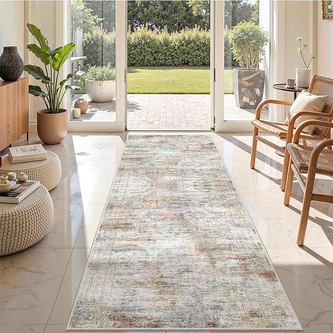 2'6 x 8' Runner Rug Non Slip,Washable Kitchen Rugs,Green | Neutral Rugs for Kitchen,Entryway,Bedroom,Bathroom,Nursery Room,Thin,Soft Runner Rug,Stain Resistant Indoor Carpet