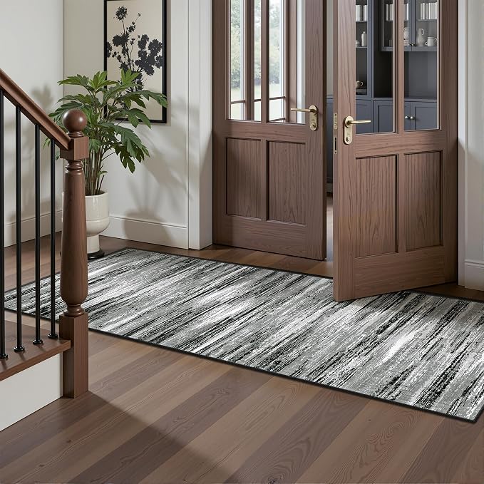 2x6 Runner Rug Non Slip,Washable Hallway Runner Rug,Black | Neutral Rugs for Kitchen,Entryway,Bedroom,Bathroom,Nursery Room,Thin,Soft Runner Rug,Stain Resistant Indoor Carpet