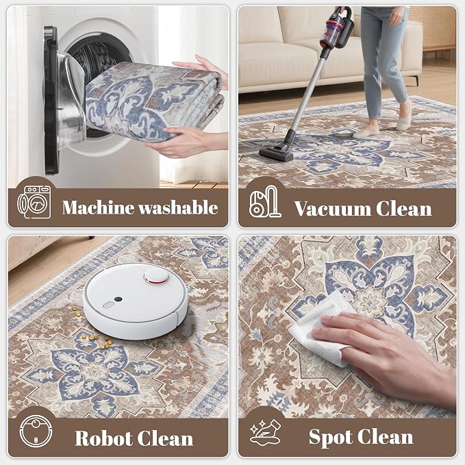 6x9 Area Rugs for Living Room, Soft Non-Slip Vintage Medallion Rug, Low-Pile Printed Washable Rug Carpet for Living Room, Bedroom, Dining Room -Camel