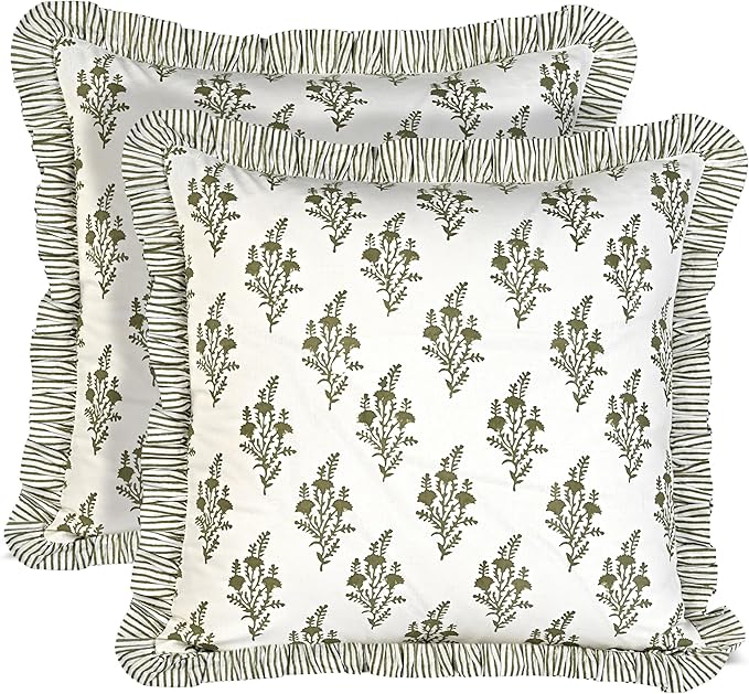 Ridhi Natural Spring Block Print Ruffle Throw Pillow Cover 18" x 18" (Pack of 2) Decorative Cushion Covers with Ruffle for Couch, Sofa, Bed, Living Room, Home Decor Gift for Spring, Mother's Day