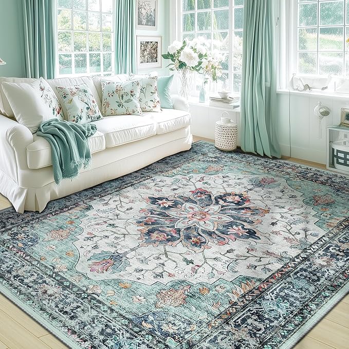 RELEANY Area Rugs 5'x7' Washable Non-Slip, Floral Vintage Distress Medallion Carpet for Living Room Bedroom Dining Room, Green Navy Blue White Red Teal