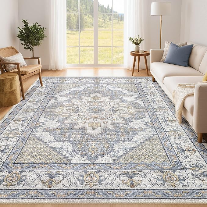 Tortania Area Rug Living Room Rugs - 5x7 Washable Boho Rug Vintage Oriental Distressed Farmhouse Large Thin Indoor Carpet for Living Room Bedroom Under Dining Table Home Office - Blue Beige