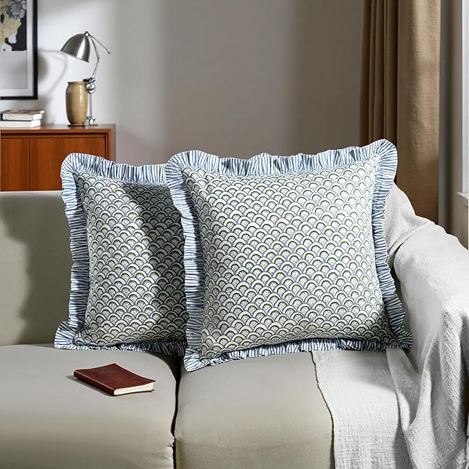 Ridhi Block Print Hand Fan Harmony Throw Pillow Cover 24" x 24" (Pack of 2) Decorative Cushion Covers with Ruffle for Couch, Sofa, Bed, Living Room, Home Decor Gift for Spring, Easter, Valentine