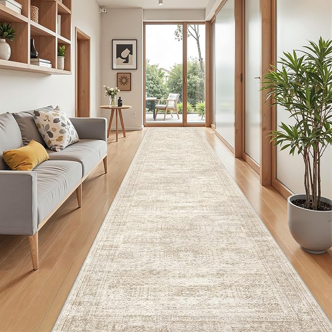 2'6 x 16' Runner Rug Non Slip,Washable Kitchen Rugs,Beige | 16ft Runner Rug for Hallway,Entryway,Bedroom,Living Room,Thin,Soft, Extra Long Rug,Stain Resistant Indoor Carpet
