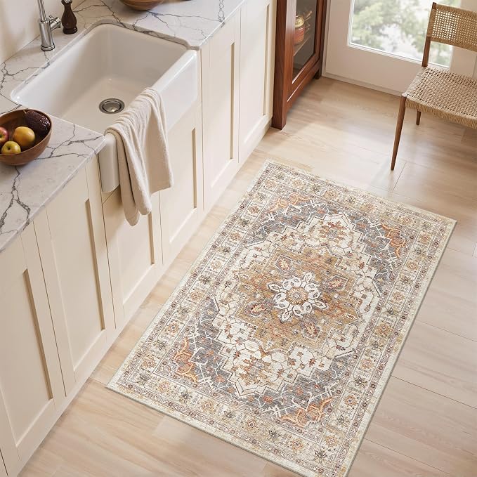 befbee 2x3 Entryway Rug Small Washable Kitchen Rugs Non Slip Front Door Rug Foldable Thin Carpet Low Pile Area Rug for Dining Room Entry Bedroom(Turmeric/Grey,2'x3')