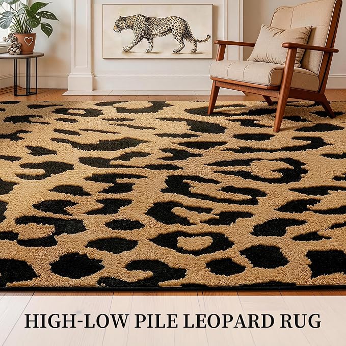 YIHOUSE 8×10 Ft Leopard Area Rugs, Washable High-Low Pile Plush Soft Rug, Non-Slip Non-Shedding Animal Cheetah Carpet for Living Room, Bedroom, Dining Room, Nursery, Home Decor