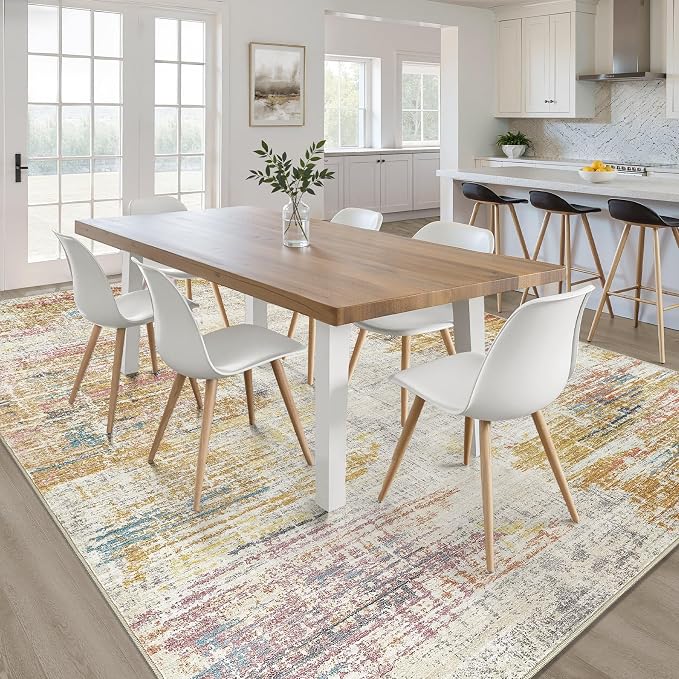 8x10 Area Rugs Living Room: Washable Large Neutral Rug Abstract Soft Modern Stain Resistant Indoor Floor Non-Slip Carpet for Bedroom Nursery Kids Classroom Playroom Dining Room Office- Gold Colorful