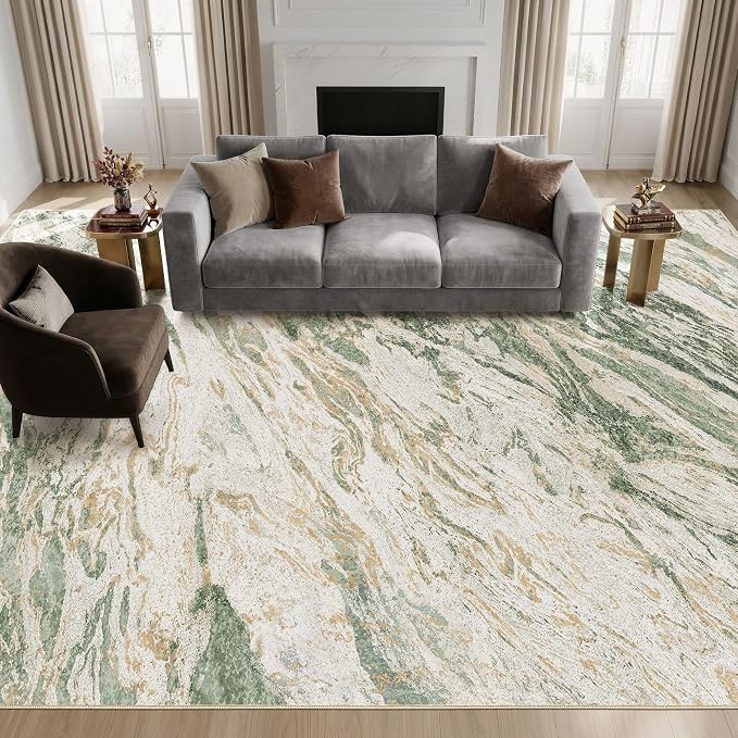 Area Rugs for Living Room: 9X12 Abstract Washable Rug Modern Neutral Large Soft Stain Resistant Non-Slip for Bedroom Dining Room Indoor Home Office Carpet - Green Brown