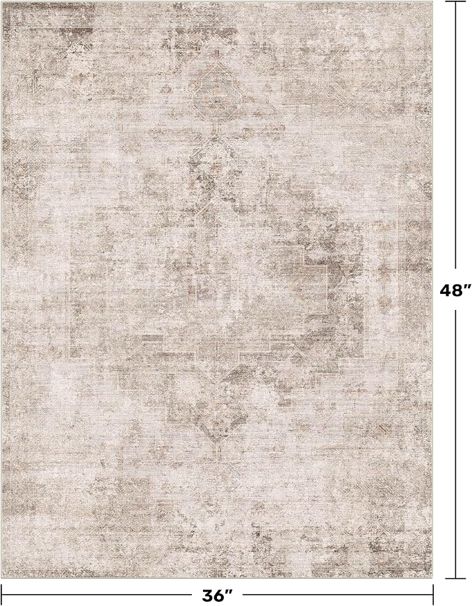 Washable Beige Brown Rugs for Entryway Indoor - 3x4 Throw Rug for Large Kitchen, Bedroom Bedside, Bathroom, Mudroom, Mordern Abstract Medallion Décor, Non Slip Low Pile Fade Resistant