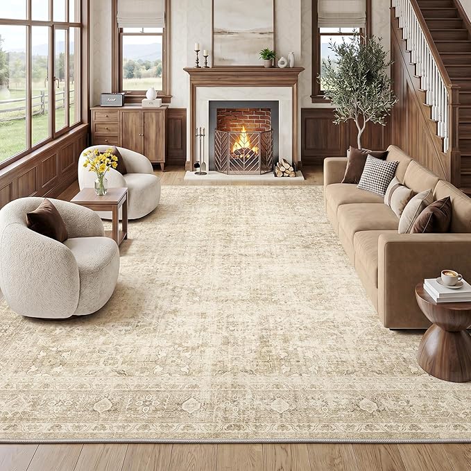 FMFUNCTEX 8x10 Washable Area Rug Beige Neutral Vintage Distressed Oriental Large Non Slip Carpet for Living Room Bedroom Traditional Retro Soft Low Pile Indoor Rugs for Dining Room Office Nursery