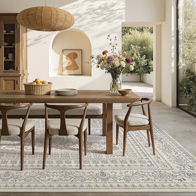 Nakagishi 8x10 Area Rugs Living Room: Washable Large Vintage Rug Neutral Non-Slip Soft Stain Resistant Indoor Carpet for Bedroom Nursery Dining Room Office Playroom - Blue/Beige