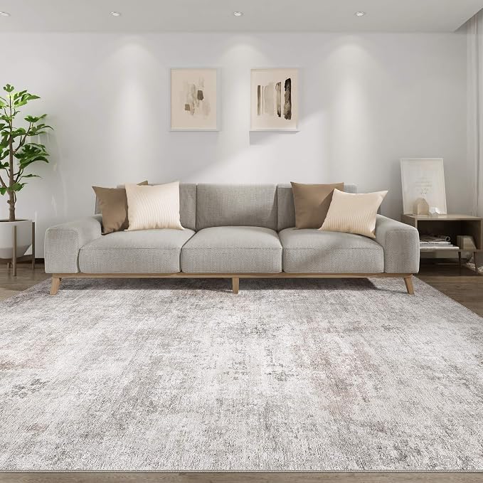 Abstract 6x9 Area Rug: Machine Washable Non Slip Ultra Thin Low-Pile Carpet, Soft Stain Resistant for Living Room Bedroom Nursery, Kid Pet Friendly, Robot Vacuum Compatible - Brown Grey