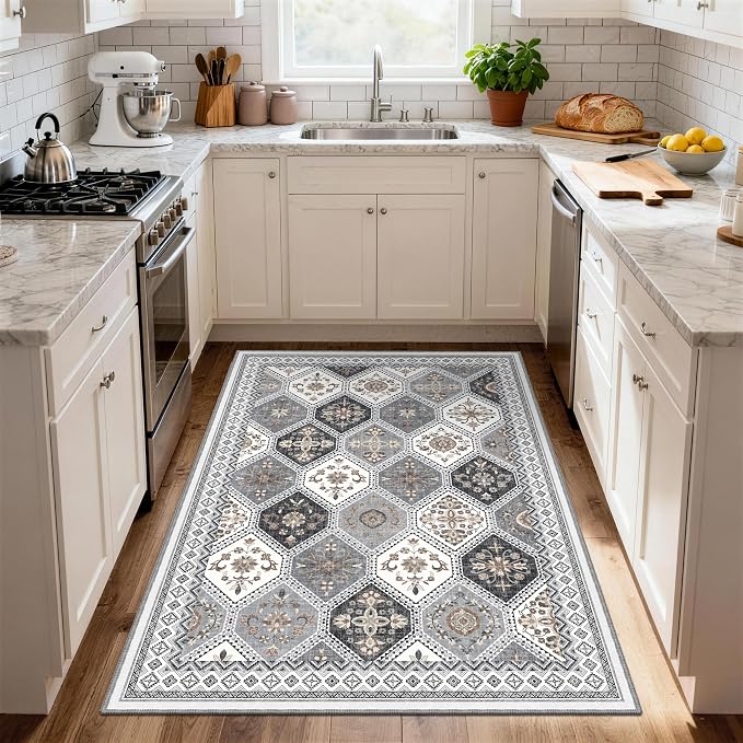4x6 Area Rug, Soft Non-Slip Boho Moroccan Rug,Gray/Gold | Low-Pile Printed Indoor Washable Area Rugs for Living Room, Bedroom Bedside, Entryway, Kitchen
