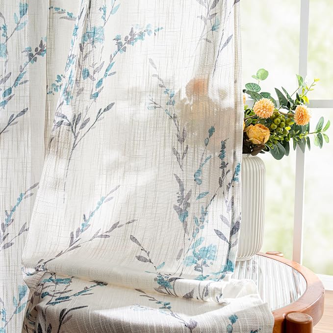 MYSKY HOME Living Room Curtains 108 Inch Long for Windows Linen Sheer Blended Curtains with Floral Printing Privacy Added Light Filtering for Home Decor Farmhouse Style Texture Soft Touch, Teal, 2 Pcs