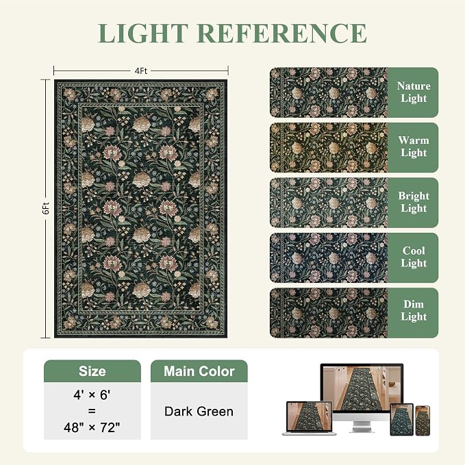 DUKINO 4x6 Area Rug, Washable Vintage Floral Rug for Living Room Dark Green | Non Slip, Low Pile, Stain Resistant Boho Lightweight Soft Indoor Carpet for Bedroom Office Dining Room Entryway Farmhouse