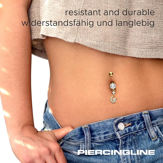 PIERCINGLINE Belly Button Piercing CRYSTAL MOON + CRYSTAL HEART surgical steel, skin-friendly