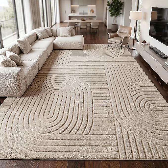 Washable Brown 9x12 Modern Geometric Area Rugs Living Room Bedroom | Soft Plush Boho Solid Color Carpet, High-Low Pile 3D textured Durable Non-Slip 9'x12' Rugs for Kids Room, Nursery, Apartment