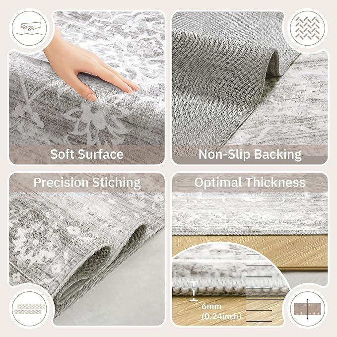 Soalmost 3x5 Area Rugs for Entryway, Washable Neutral Soft Rug Grey | Vintage Floral Low Pile Non-Slip Throw Area Rugs, Accent Rug Floral Indoor Mat for Bedside Living Room Kitchen Bedroom 3'x5'