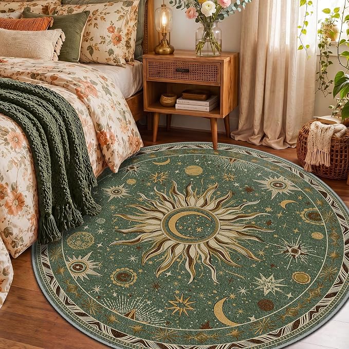 Vacuum-Friendly, Round 6ft Washable Area Rug, Green Brown | Sun and Moon Boho Gothic Non-Slip Low Pile Living Roon Bedroom Dining Room Kitchen Entry Entryway Entrance Hallway Doormat
