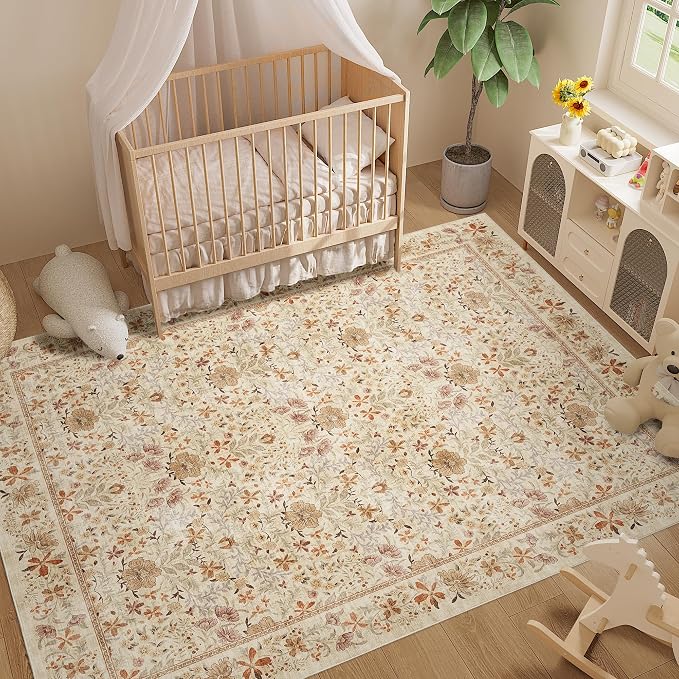 DUKINO 8x10 Area Rugs, Vintage Floral Washable Rug for Living Room, Beige | Non Slip, Low Pile, Non-Shedding, Stain Resistant, Aesthetic Soft Indoor Large Carpet for Bedroom, Dining Room, Farmhouse