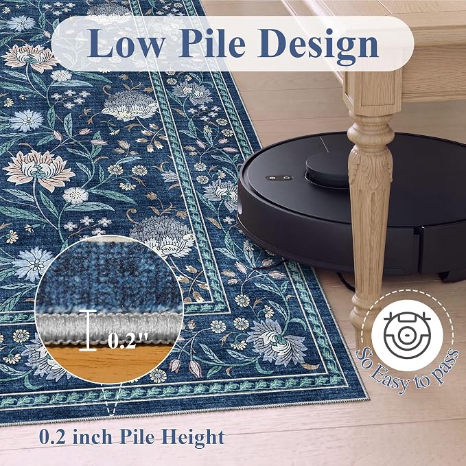 DUKINO 6x9 Area Rug, Vintage Floral Washable Rugs for Living Room Dark Blue | Non Slip, Low Pile, Non-Shedding, Stain Resistant Soft Large Carpet for Bedroom Home Office Dining Room Farmhouse, Home Decor