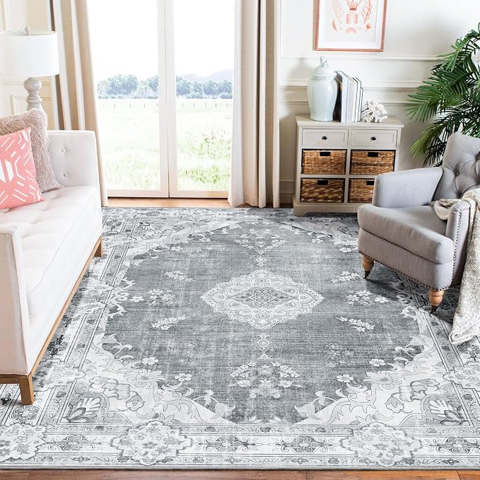 MUJOO Grey Rug Washable,6x9 Area Rugs Non Slip Low-Pile Floral Large | Machine Washable Throw Carpet for Living Room Bedroom Dining Room Boho Soft Indoor Vintage Bohemian Flowers