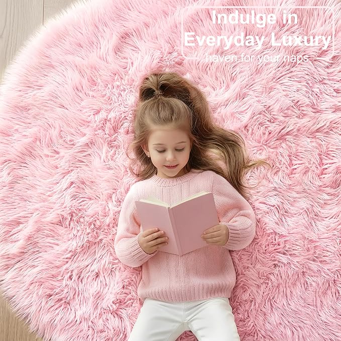 Amdrebio Light Pink Small Cute Round Rug 3Ft for Girls Bedroom, Fluffy Circle Area Rugs for Kids Room Decor, Shag Fuzzy Thick Fur Carpet for Nursery Dorm Classroom Playroom Teen Toddler Baby Corner