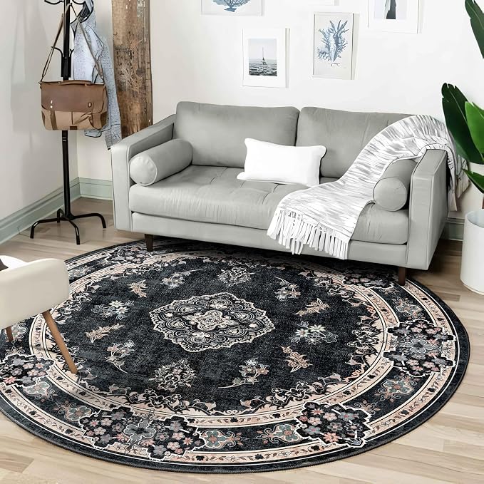MUJOO Black Round Rug 6ft,Circle Washable Area Rug Non Slip Low-Pile Floral | Large Circular Rugs for Bedroom Living Room Dining Room Boho Throw Carpet Soft Floor Indoor Vintage Bohemian Flowers
