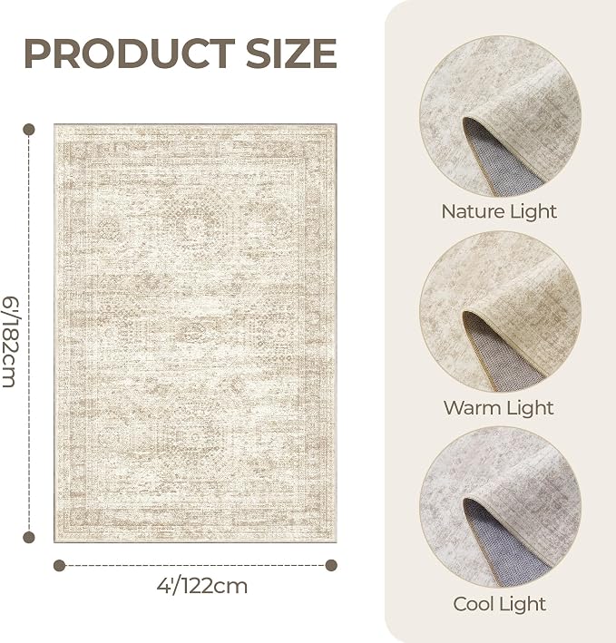 4x6 Area Rug for Entryway,Washable Kitchen Rug,Beige | Small Rug for Hallway,Bedroom,Living Room,Dining Room,Thin,Soft, Neutral Rug,Stain Resistant Indoor Carpet,Non Slip