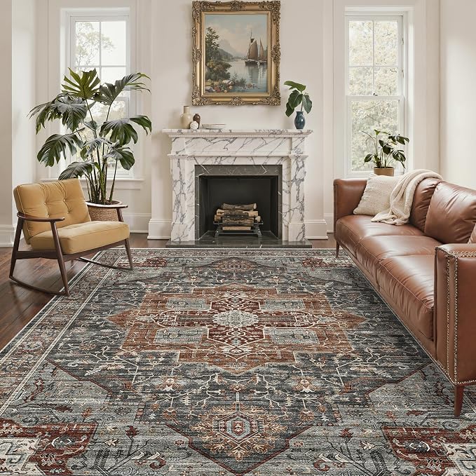 Roxstand 6x9 Washable Area Rug, Non Slip Living Room Rug Grey/Brown/Tan | Low Pile Vintage Rug, Stain Resistant, Non-Shedding Design, Pet & Kid Friendly, Carpet for Bedroom, Dining Room Office