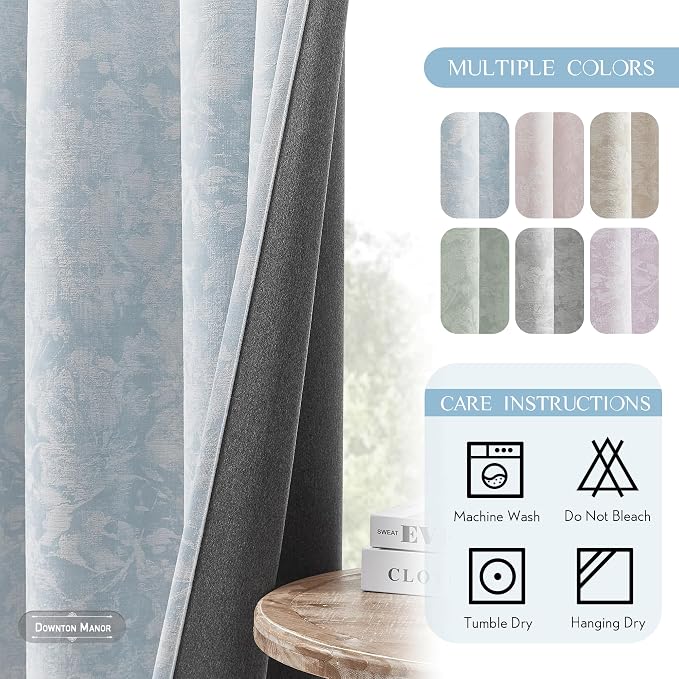 Beauoop Blue Floral Jacquard Blackout Curtains for Bedroom 52x63 2 Panels | Flower Chenille Room Darkening Drapes for Living Room 63 Inch Long Thermal Insulated Soundproof Window treatment Grommet