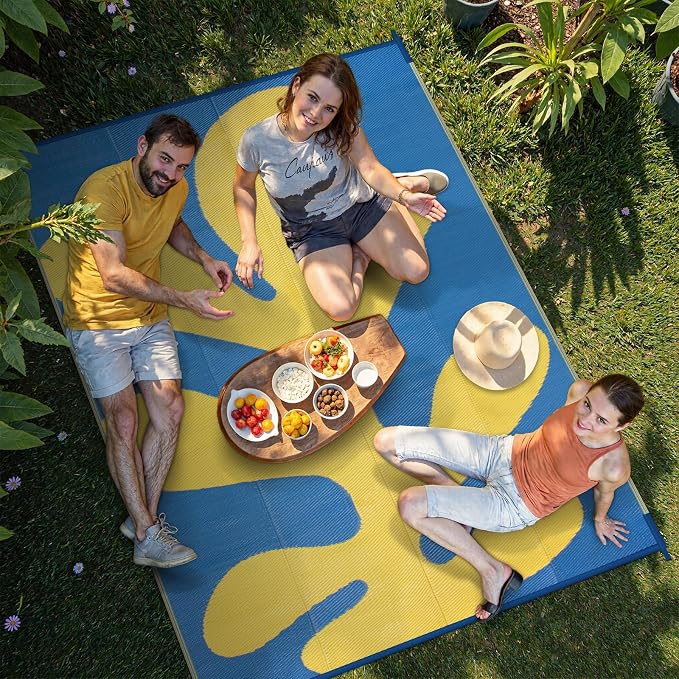 Lahome Plastic Ocean Coral Outdoor Rug, 6x9 Funnky Waterproof Outdoor Patio Rug, Portable Lightweight Rv Mats for Outside Camping Beach Picnic, Blue 6'x9'