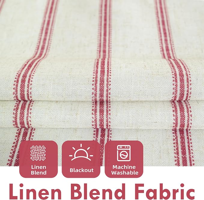 DriftAway Farmhouse Stripe Blackout Curtains, W52xL63, Red | Blackout, Linen Texture, Stripe Pattern, Rod Pocket & Back Tab, Two Layers, Bedroom Living Room Use, Sound Reducing Design